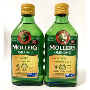 Mollers Aceite de Hígado de Bacalao |Omega3| 250ml Sabor Limón.- PACK 2 UN (Total 500ml.)